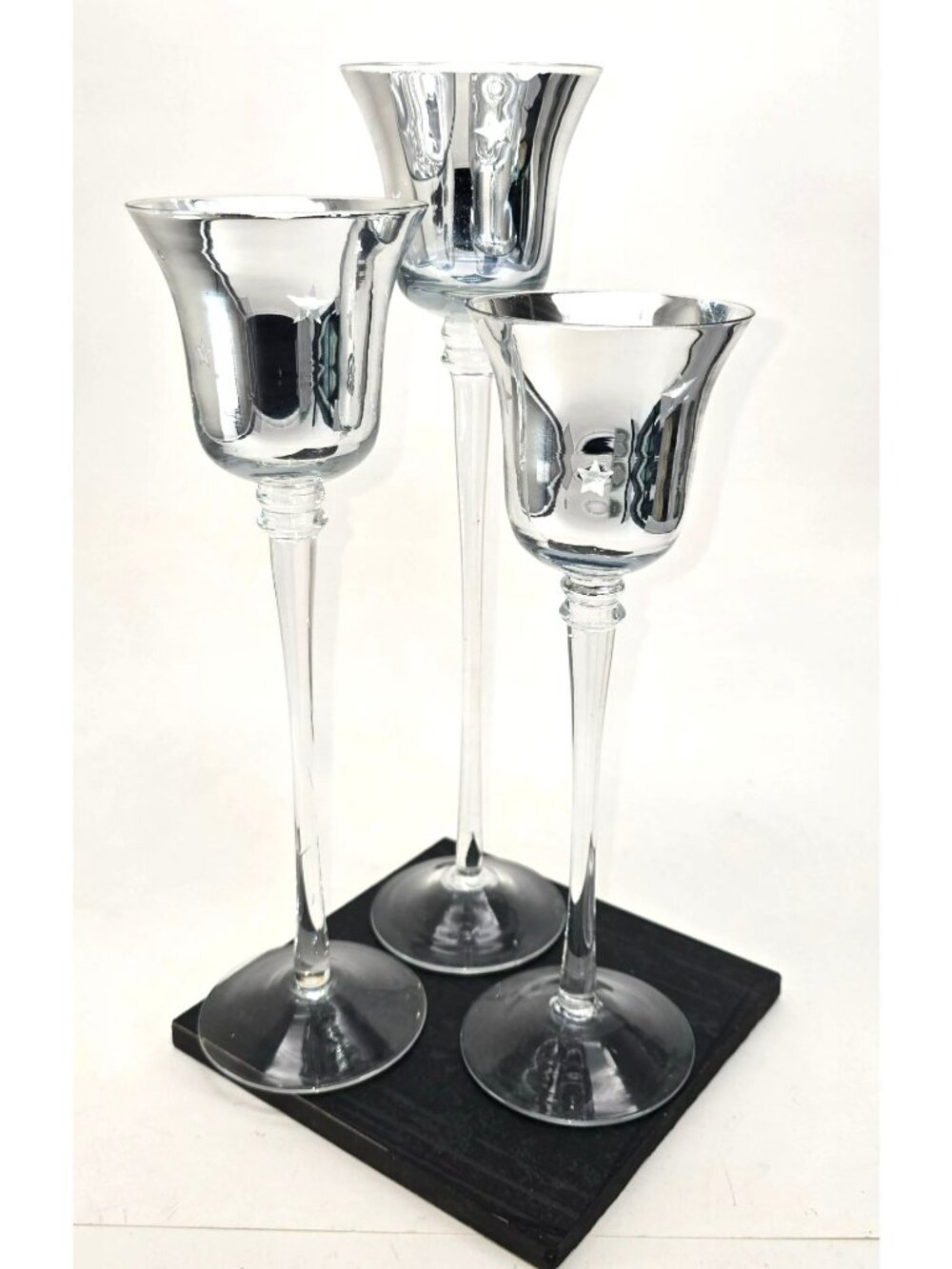 Silver Mercury Glass Candle Holders Stars Motif Varying Heights Set of 3 JJ3805